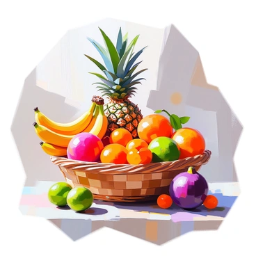 A basket filled with a vivid assortment of tropical fruits is placed on a wooden surface. The basket is woven with natural fibers, showcasing its intricate design. Inside, there are bright yellow bananas, a ripe pineapple with its green spiky crown, several vibrant red and orange mangos, and a cluster of deep purple passion fruits. Additionally, there are green limes and juicy, bright oranges interspersed among the larger fruits, creating a lively contrast of colors and textures. The lighting highlights the glossy skin of the fruits, making them appear fresh and inviting.