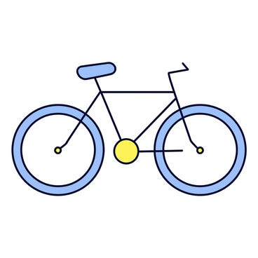 A minimalistic bicycle illustration composed of a few clean lines and circles. The frame of the bicycle is represented by simple straight lines connecting circular wheels. The wheels are depicted as solid circles. The handlebars are formed by a short horizontal line extending from a vertical line that represents the bike's frame. The seat is illustrated as a small ellipse positioned above the frame. The overall design focuses on the essential shape and structure of the bicycle.