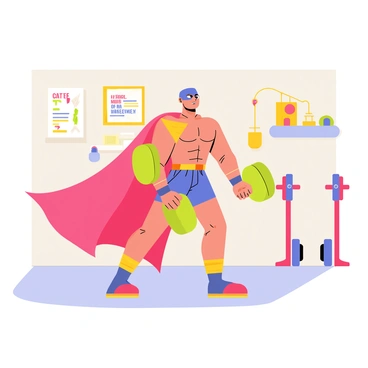 A cartoon superhero character with a colorful costume, featuring a bright red cape and a blue mask. The superhero is in a gym setting, performing lateral raises with a pair of shiny green dumbbells. The character has strong muscles and a determined expression on their face. In the background, there are colorful gym equipment and motivational posters on the walls, creating an energetic atmosphere. The floor is a light color, adding contrast to the vibrant colors of the superhero's attire.