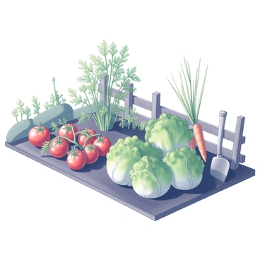 A vegetable patch filled with various plants arranged in neat rows. In the foreground, there are several tomato plants, heavy with ripe, round tomatoes. Next to them, vibrant green lettuce heads are growing, their leaves tightly packed. To the side, rows of orange carrots are visible, their green tops standing tall above the soil. The garden is surrounded by a wooden fence, and there are small garden tools resting nearby.