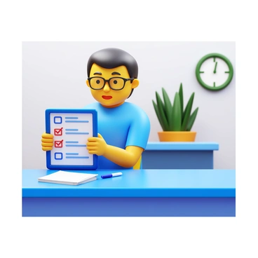 A person sitting at a desk, focused on a tablet device. The individual has short black hair and is wearing glasses. They are dressed in a casual blue shirt. The tablet screen displays a digital skills assessment test with questions and answer options. The desk has a notebook and a pen beside the tablet. The background includes a simple wall with a clock and a small plant.