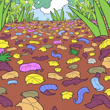 A vibrant rainforest floor covered with a rich layer of decaying leaves in various shades of brown and green. Numerous small nematodes of different colors and sizes can be seen wriggling through the leaf litter. The scene includes patches of moss and small ferns sprouting amid the leaves, adding depth to the natural landscape. Sunlight filters through the canopy above, casting dappled light on the ground.