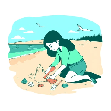 A teal girl named Kanako is kneeling on a sandy beach, actively building a sandcastle. She is focused on shaping the sand with a small orange plastic shovel. Beside her, there are several colorful seashells scattered around for decoration. The ocean waves are gently lapping at the shore, and a few seagulls can be seen flying in the clear blue sky above. In the background, there are distant dunes with tufts of green grass swaying in the breeze.