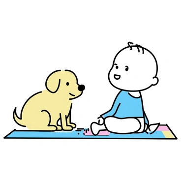A baby with chubby cheeks is sitting on a soft, colorful blanket, wearing a light blue onesie. The baby has bright, wide eyes and a big smile, looking directly at a playful golden retriever puppy. The puppy, with fluffy fur and a wagging tail, is sitting on its haunches, tilting its head to one side, matching the baby's gaze. The scene captures the affectionate interaction between the baby and the puppy, highlighting their joyful expressions.
