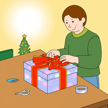 A person with light skin and short brown hair is standing at a wooden table, skillfully wrapping a colorful present. The present is rectangular and covered in shiny holographic paper that reflects light. Brightly colored ribbons in red and gold are artistically arranged on top. The person's hands are carefully smoothing the edges of the paper, while scissors and a roll of tape are nearby on the table. In the background, there are festive decorations, including a small Christmas tree with twinkling lights. A warm light source casts a cheerful glow over the scene, enhancing the vibrant colors of the wrapping paper and decorations.