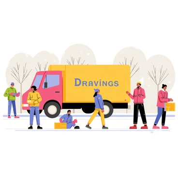 A large moving truck is parked along a snowy street. The truck is painted in bright colors, featuring the company name on the side in bold letters. Surrounding the truck, several people are bundled in winter clothes, wearing thick jackets, scarves, and warm hats. Some are carrying boxes, while others are chatting and smiling as they enjoy the winter day. The snow covers the ground, with snowflakes gently falling from the gray sky, adding to the chilly atmosphere. Trees lined along the street are dusted with white snow, creating a picturesque winter scene.