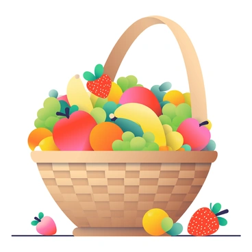 A large wicker basket is overflowing with a vibrant assortment of fruits. Bright red apples and ripe yellow bananas are nestled among green grapes and orange oranges, creating a striking contrast. Juicy strawberries with green leafy tops are scattered on top, adding bursts of red. The basket is positioned on a wooden table, with a few fruits spilling out onto the surface, showcasing the abundance of fresh produce. The colors of the fruits create a lively and appetizing display, attracting attention with their vivid hues.