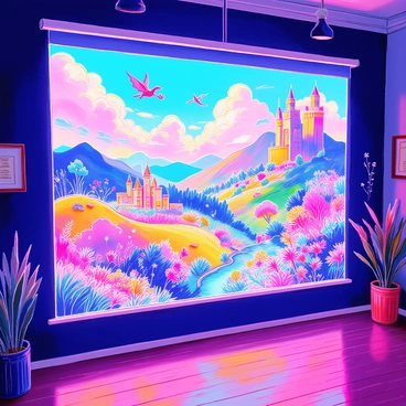 A holographic projection is displayed in a dimly lit room. The projection features a vibrant fantasy landscape filled with rolling hills, towering castles, and a colorful sky with swirling clouds. Various mythical creatures, such as dragons and unicorns, soar through the air. The details of the landscape include lush green forests, sparkling rivers, and vibrant flowers. The holographic display emits a soft glow, illuminating the surrounding space and creating an immersive experience.