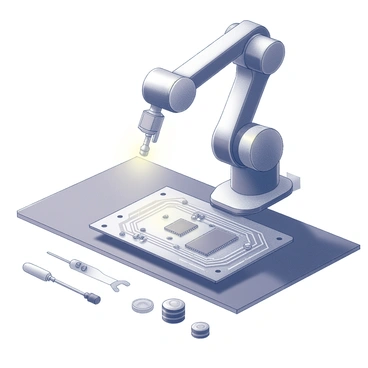 A robotic arm positioned over a circuit board. The arm is articulated with multiple joints, allowing for precise movement. It is grasping a small component with its claw, hovering just above the surface of the circuit board. The board is filled with intricate pathways and various electronic components, including resistors and capacitors. The environment around the circuit board features additional tools and components that indicate an assembly workspace. A faint light source highlights the details of the robotic arm and the components on the board.