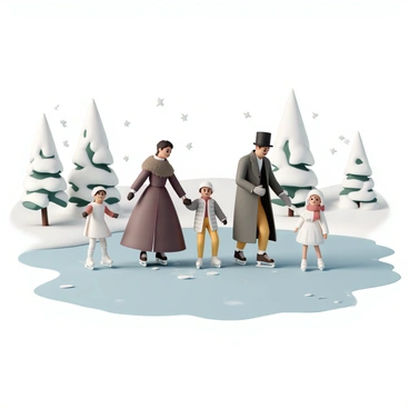 A Victorian-era family is ice skating on a frozen pond. The father, wearing a dark top hat, a long wool coat, and patterned gloves, is helping a young boy, dressed in a warm red scarf and a matching coat, to balance on the ice. The mother, wearing a long, flowing burgundy dress with a fur shawl, is gracefully gliding nearby, while a little girl in a white dress and petticoats, adorned with a bonnet, joyfully skates alongside her. Snow gently falls around them, and snow-covered trees encircle the pond, creating a picturesque winter scene. 
