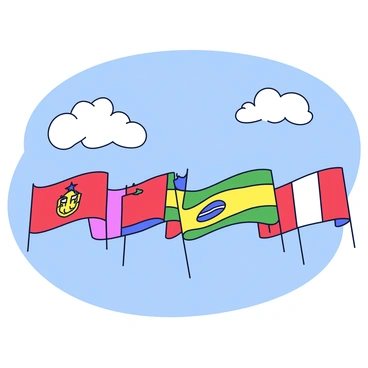 An array of Hispanic flags with vibrant colors, such as reds, greens, and yellows, fluttering in the wind. Each flag has distinct designs and patterns representing different Hispanic cultures. The flags are arranged in a row, creating a lively display. They sway gently against a bright blue sky filled with a few fluffy white clouds, emphasizing the vividness of the flags.