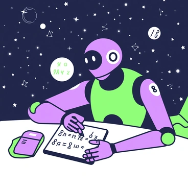 A robot with a sleek metallic design is positioned at a table, focused on writing equations on a digital tablet. The robot has articulated limbs and glowing eyes, reflecting a sense of concentration. The tablet displays complex mathematical symbols and numbers. Above, a starry sky is visible, filled with numerous bright stars and celestial bodies. The scene captures the tranquility of the night outdoors, with the robot illuminated by the soft glow of the tablet.