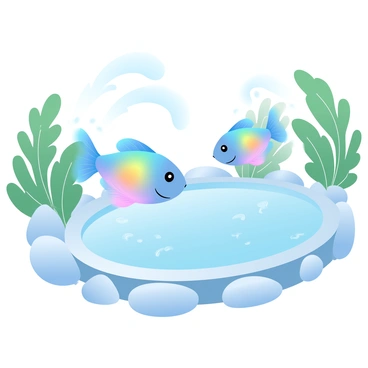 A rainbow fish with vibrant, multicolored scales is swimming gracefully in a crystal-clear pool. The water is calm, creating a perfect mirror-like surface reflecting the fish's bright colors. Surrounding the pool are smooth stones and lush green plants, enhancing the tranquil atmosphere. Sunlight filters through the leaves, creating dappled light patterns on the water's surface. The rainbow fish appears to be gazing at its own reflection, with shimmering scales catching the light beautifully.