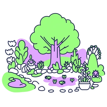 An outline drawing of a botanical garden filled with various plants. In the center, there is a large tree with a thick trunk and lush foliage spreading outwards. Surrounding the tree, there are multiple flower beds with distinct shapes, featuring flowers of different sizes and designs. On the left side, a path made of stones winds through the garden, leading to a small pond with lily pads. To the right, there are tall shrubs with intricate leaves, and a trellis adorned with climbing vines. In the background, soft hills create a gentle backdrop to the scene.