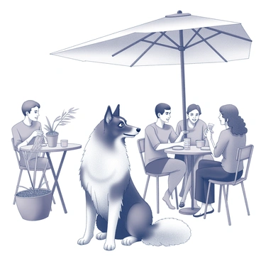 A borzoi is sitting patiently at an outdoor cafe. The dog has a long, slender body and a pronounced snout, with its fur gently blowing in the breeze. Nearby, there are small round tables with metal chairs, and a few people are engaged in conversation, sipping beverages. Some patrons are laughing, while others are absorbed in their books. A plant in a decorative pot is positioned next to the borzoi, adding a touch of greenery to the scene. The cafe has a canopy providing shade, with soft light filtering through the fabric.