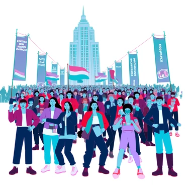 A large crowd of diverse people is marching down a wide street, filled with determination and energy. They are waving various colorful flags, each displaying distinct patterns and symbols representative of their cause. The individuals in the crowd are dressed in a mix of historical and modern clothing, demonstrating the passage of time and the continuity of struggle. In the foreground, a group of passionate leaders, some with raised fists, are rallying the crowd. The background features a monumental building, symbolizing power and authority, towering over the protesters, while banners hang in the air, conveying messages of hope and change.