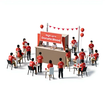 A community blood donation event taking place in a spacious outdoor area. In the foreground, there is a brightly colored sign-up booth with a large banner that reads "Sign Up to Donate Blood" in bold letters. Several volunteers are present, wearing matching t-shirts that say "Volunteer" in clear text. They are engaging with potential donors, providing information and answering questions. Some volunteers are seen handing out informational brochures, while others are assisting individuals in filling out forms. There are tables set up with refreshments, and a few people are sitting in chairs, waiting for their turn to donate blood. The atmosphere is lively and welcoming, with decorations such as balloons and banners enhancing the event's spirit.