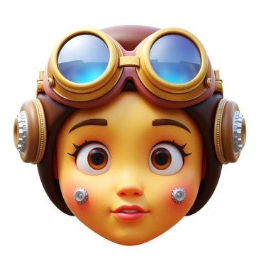A face with intricate features adorned with "steampunk goggles" resting on the forehead. The goggles are designed with brass frames and glass lenses that reflect light. The skin has subtle mechanical details, including "small gears and clockwork elements" seamlessly integrated into the complexion. The expression is one of curiosity, with "metallic embellishments" like cogs and rivets around the eyes and cheeks. The background has a blurred hint of Victorian-style machinery, enhancing the steampunk aesthetic.