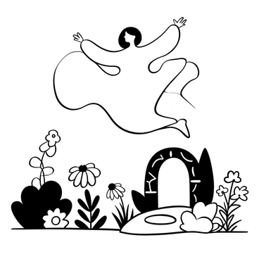 A ghostly figure hovering above the ground, draped in flowing, translucent fabric that ripples softly as if caught in an unseen breeze. The figure is surrounded by a faint glow emanating from its center, casting delicate shadows on the ground below. There are various garden plants and flowers, their outlines visible in the soft light, arranged in a serene composition. A stone pathway winds through the garden, leading to an archway made of entwined branches, enhancing the tranquil atmosphere of the scene.
