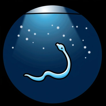 An eel, with a long, slender body and smooth skin, is swimming underwater. The water is illuminated by the moonlight filtering through the surface, creating shimmering reflections. The eel's movement causes ripples around it, enhancing the play of light in the water. The surrounding environment is dark, allowing the bright reflections to stand out against the deep blue background.