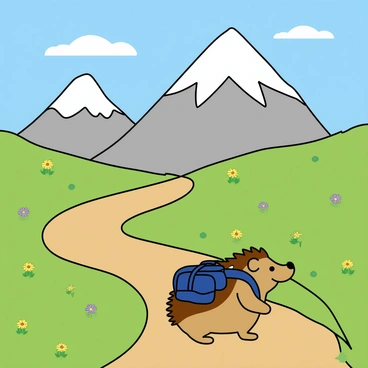 A small hedgehog with brown spines and a round body is seen hiking up a winding mountain path. The hedgehog is wearing a tiny blue backpack that is strapped securely to its back. The path is surrounded by lush green grass and scattered wildflowers in yellow and purple hues. In the background, tall, majestic mountains rise against a clear blue sky. A few fluffy white clouds drift lazily above, and the sun casts a warm glow on the scene. The hedgehog looks determined as it makes its way up the trail.