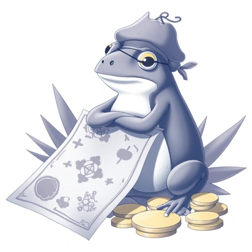 A frog designed to resemble a pirate, wearing an eye patch over one eye. The frog is sitting atop a pile of gold coins, with a treasure map unfurled in front of it. The map features detailed markings and symbols, indicating the location of buried treasure. The frog has a small, tattered pirate hat perched on its head, and its arms are crossed confidently. The background includes hints of tropical plants, emphasizing the adventurous theme of the scene.