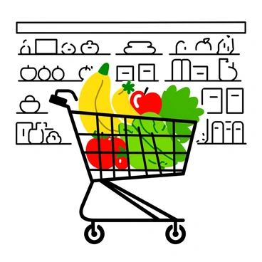 A shopping cart filled with an assortment of fresh produce is positioned in an aisle of a supermarket. The cart contains a variety of vegetables including bright green cucumbers, leafy lettuce, and ripe red tomatoes. There are also fruits such as yellow bananas, juicy oranges, and shiny apples. The cart has a sturdy metal frame with a handle, and the wheels are slightly turned as if it has just been moved. Shelves lined with more produce and grocery items can be seen in the background.