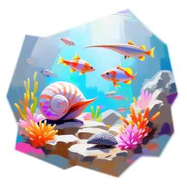 A vibrant prehistoric ocean scene populated with colorful ancient marine creatures. A large, vividly patterned ammonite with swirling colors glides gracefully through the water. Nearby, a school of small, bright fish resembling modern-day neon tetras swims in unison, their scales shimmering in the sunlight filtering through the water's surface. A long, sleek ichthyosaur with iridescent skin and a prominent fin breaks the surface, adding motion to the scene. Floating above the corals, a regal-looking trilobite with intricate detailing crawls over vibrant sea plants. The ocean floor is scattered with fossils and colorful coral formations, creating a rich tapestry of life in this ancient underwater world.