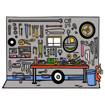A garage with a wall lined with various tools and spare motorcycle parts. The tools include wrenches, screwdrivers, and pliers, all hanging neatly on a pegboard. There are multiple motorcycle parts, such as wheels, handlebars, and engine components, organized on shelves and hooks. The floor is concrete, with some oil stains visible, and there is a workbench in the foreground cluttered with more tools and parts. Light filters in through a small window, illuminating the workspace.