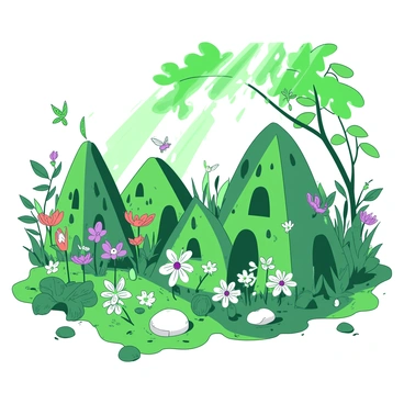 A green fairy garden is filled with tiny houses made of natural materials like bark and petals. Each house has intricate details, such as small windows and doors. Fairies with delicate wings are fluttering among vibrant flowers, some hovering and others perched on the petals. The flowers are a mix of bright colors, creating a lively atmosphere. Soft beams of sunlight filter through the leaves above, casting gentle shadows on the ground. Various miniature plants and stones add to the enchanting scene.