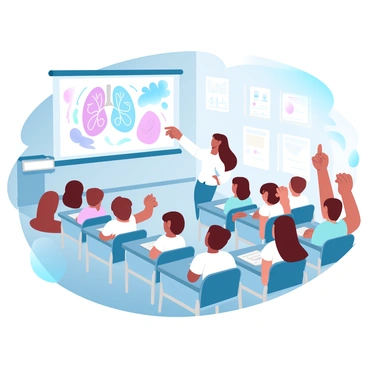 A classroom filled with children sitting at their desks, attentively looking towards the front. A teacher stands next to a projector, pointing at a large image projected on the wall that illustrates pneumonia. The image displays vibrant graphics showing lungs and bacteria. Some children are taking notes while others are raising their hands to ask questions. The room is decorated with educational posters, and sunlight streams through the windows, filling the space with light.