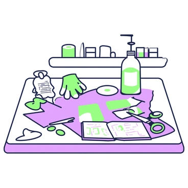 A crafting table is positioned centrally in the image, displaying an array of supplies organized neatly. Scattered across the surface are rolls of gauze, spools of thread in various sizes, and small scissors with a gleaming blade. A clear bottle of antiseptic stands prominently, with a label visible, next to a pair of rubber gloves. There are several fabric squares in different textures and shades, each positioned carefully to showcase their versatility. A notepad lies open, revealing handwritten notes on bandage-making techniques. In the background, a wooden shelf holds more crafting materials like adhesive tape and sterile pads.