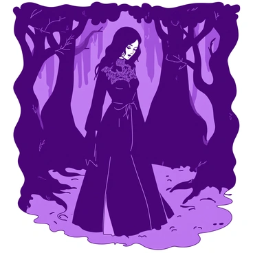 A purple figure is standing in a shadowy forest, partially concealed by the trees. The figure is wearing a flowing gothic dress that billows softly around the ankles. The dress features intricate lace details and a high collar, adding an air of elegance to the mysterious presence. Light filters through the dense tree canopy, casting dappled shadows across the forest floor. The surrounding trees are tall and dark, their twisted branches creating an almost surreal backdrop for the figure.