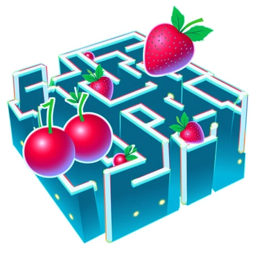 A vibrant, retro-style Pac-Man maze filled with various bonus fruits. Bright red cherries with a glossy finish and lush green leaves are scattered throughout the maze. Juicy strawberries, their seeds clearly visible and leaves perfectly arranged, float in the air alongside the cherries. The walls of the maze are a deep blue, with bright yellow dots marking the path. The overall scene has a playful, arcade-like atmosphere, capturing the essence of classic video games.