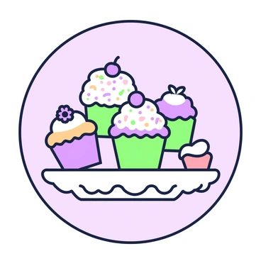 A simple round frame encircles a display of decorated cupcakes. In the center, there are six cupcakes, each uniquely adorned with colorful frosting and various toppings. One cupcake has swirls of bright frosting with sprinkles on top, while another is topped with a cherry. To the side, there is a cupcake with a delicate flower decoration. The base of the cupcakes appears on a decorative platter that enhances the presentation. The background includes soft, neutral tones that complement the vibrant colors of the cupcakes.