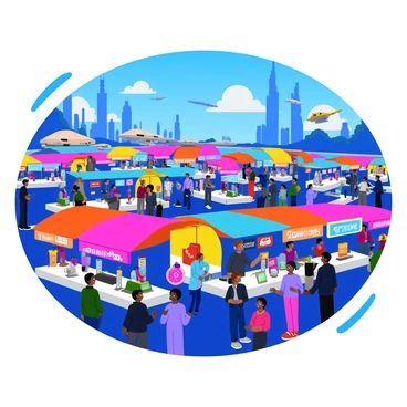 A bustling futuristic market filled with various stalls. Each stall showcases advanced gadgets, including sleek drones, holographic displays, and smart wearable technology. The market is crowded with diverse people, each engaged in lively conversations or examining the products. Bright neon lights illuminate the scene, creating a vibrant atmosphere. Colorful banners hang above the stalls, advertising the latest technology. In the background, towering futuristic buildings and flying vehicles can be seen, emphasizing the advanced setting.