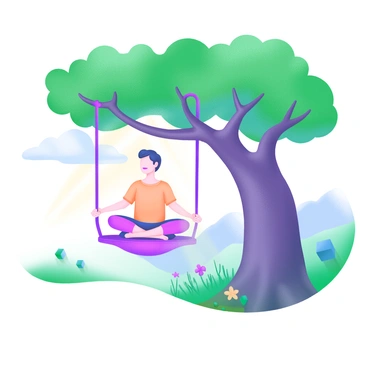 A detailed scene featuring a person meditating while suspended from a large, sturdy tree branch. The individual is in a cross-legged position, wearing comfortable, loose-fitting clothing, with a peaceful expression on their face. Sunlight filters through the lush green leaves of the tree, casting dappled shadows on the ground. Below the tree, soft grass and small wildflowers can be seen. In the background, there are distant hills and a clear blue sky, enhancing the sense of tranquility in the scene.