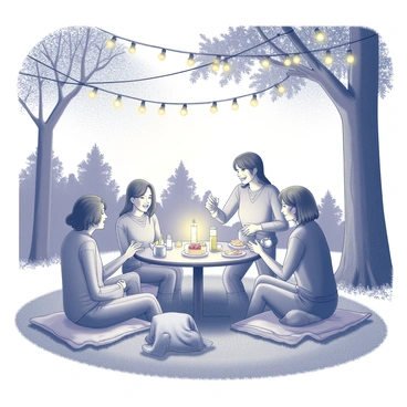 A backyard scene illuminated by "fairy lights" strung from tree branches above. Several friends are gathered around a table, sharing food and drinks. One person is laughing, while another is pouring a beverage from a pitcher. The grass is covered with soft blankets where some friends are seated, engaged in conversation. In the background, a few trees are visible, their leaves gently rustling in the evening breeze. A warm ambiance surrounds the gathering, creating a sense of camaraderie and joy.