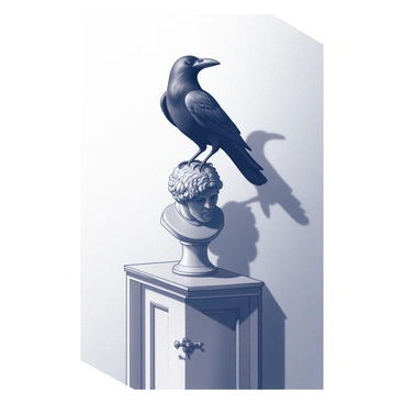 A dark raven is perched on a classical bust that sits above a grand door. The raven has sleek feathers and sharp, glistening eyes. Its wings are slightly spread as it balances on the head of the bust. The bust is detailed, representing a figure with a stoic expression and intricate features. The door below is ornate, with visible carvings and an antique handle. The raven casts a distinct shadow on the textured wall, which is illuminated by a soft, ambient light, enhancing the contrast between the raven and the surrounding elements.