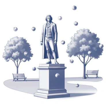 A bronze statue of "Isaac Newton" stands prominently in a public park. The statue depicts Newton in a thoughtful pose, wearing period clothing with intricate details. Around the statue, several "apples" are depicted falling from the branches of nearby trees, creating a dynamic sense of movement. The ground beneath the statue is covered with lush grass, and there are pathways leading to the statue, inviting visitors to approach. Other trees populate the park, adding depth to the scene, while a few benches are placed nearby for people to sit and reflect.