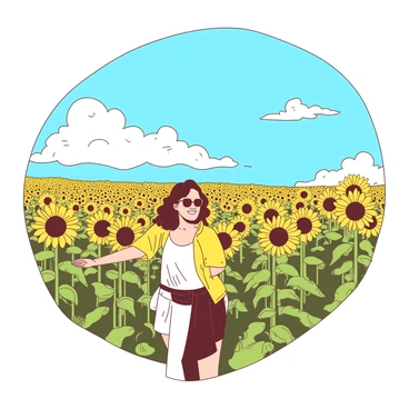 A person with a big smile is wandering through a vast field of yellow sunflowers. The flowers are tall and vibrant, stretching as far as the eye can see. The sky above is bright blue with a few fluffy white clouds scattered throughout. The sun is shining brightly, illuminating the field and making the sunflowers appear even more vivid. The person is wearing a casual outfit, and their arms are outstretched, enjoying the beauty of the moment.