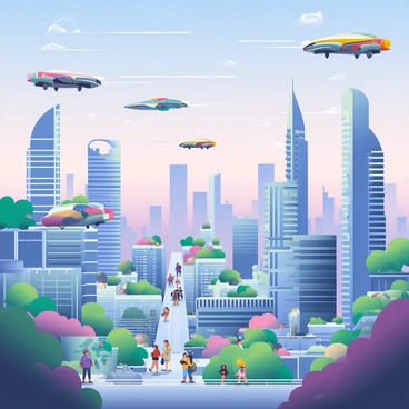 A sprawling futuristic cityscape stretches across the horizon, showcasing a multitude of towering skyscrapers made of glass and steel. The buildings are sleek and modern, with varying heights and unique architectural designs. Floating cars in vibrant colors zip through the air in organized lanes above the ground, their designs aerodynamic and distinct. The sky is a rich gradient transitioning from deep blue to soft pink, suggesting either dawn or dusk. Below, the streets are bustling with small groups of pedestrians, some interacting with digital displays embedded in the sidewalks. Lush greenery is interspersed throughout the urban environment, with rooftop gardens adorning several skyscrapers.