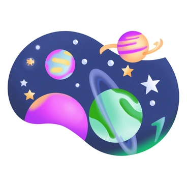 A modern pastel illustration depicting a vibrant outer space scene filled with colorful planets and twinkling stars. The composition includes three distinct planets, each with unique colors and patterns, set against a dark blue background. Surrounding the planets are various sizes of white and yellow stars scattered throughout the scene, creating a dynamic celestial atmosphere. The planets are positioned at different angles, showcasing their spherical shapes with visible textures.
