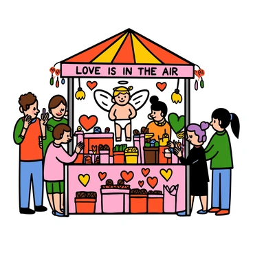 A market stall run by a cupid selling heart-shaped trinkets and chocolates