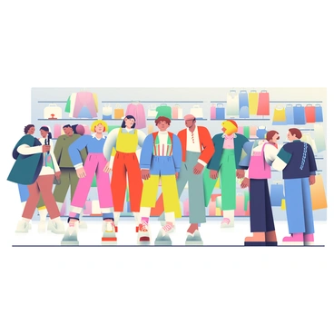 A trendy fashion outlet features several stylized mannequins showcasing vibrant outfits in the center of the store. Each mannequin has a unique pose and style, with a combination of bright colors and fashionable accessories. In the background, customers are browsing clothing racks filled with a variety of garments, including casual wear, dresses, and jackets. Some customers are holding items up to see how they look, while others are engaged in conversation. The store's interior is well-lit, highlighting the fashionable selections available.