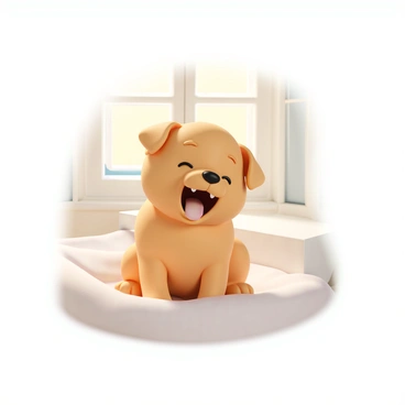 A small puppy, with a fluffy golden coat, is sitting on a soft, light-colored blanket. The puppy has its mouth wide open in a big yawn, revealing tiny white teeth and a pink tongue. Its bright, round eyes are slightly squinted, and its ears flop playfully to the sides. Sunlight filters in from a nearby window, casting a gentle glow on the puppy's fur, highlighting its adorable features.