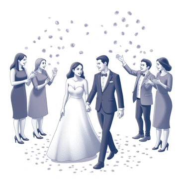A couple is walking hand in hand, leaving a reception venue. They are surrounded by a flurry of rose petals that are cascading down around them. The couple is smiling, clearly enjoying the moment. The bride is wearing an elegant wedding dress, and the groom is dressed in a formal suit. Guests in the background are cheering and throwing the petals into the air, adding to the festive atmosphere. The ground is blanketed with a carpet of petals, creating a romantic setting.
