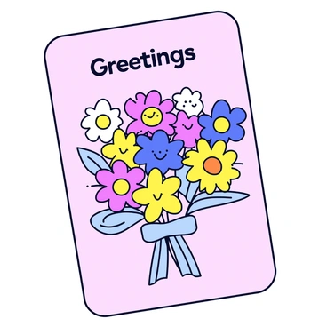 A postcard design featuring a bouquet of illustrated flowers in vibrant colors. The bouquet includes a variety of flower types, such as daisies, tulips, and roses, all drawn in a cute and simple style. The flowers are arranged in a natural yet balanced composition, with some flowers having smiling faces. Above the bouquet, the text "Greetings" is displayed in a playful, bold font. The background is a soft pastel color that complements the flowers. The edges of the postcard are rounded for a friendly appearance.
