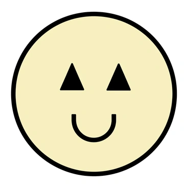 A face represented by a circle for the head, two small triangles for the eyes, and a curved line for the mouth. The circle is filled with a light beige color. The triangles are positioned symmetrically and are colored black. The curved line is also black and sits below the eyes to represent a neutral expression. The overall composition is minimalist, focusing solely on the basic geometric shapes to convey the face.