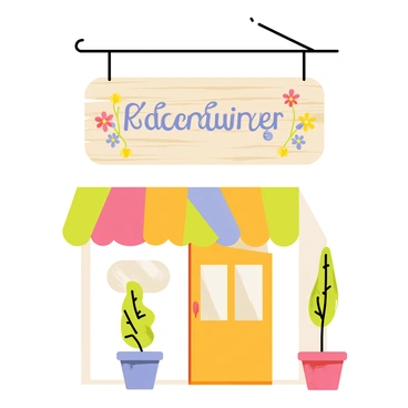 A quaint, hand-painted store sign hanging above the entrance to a small shop. The sign is rectangular with a wooden texture, featuring vibrant colors and intricate designs. The shop's name is written in elegant cursive letters in the center of the sign. Surrounding the text are charming illustrations of flowers and small birds. The shop entrance below has a welcoming atmosphere with potted plants on either side and a warm, inviting door. The overall scene captures a cozy and friendly vibe.